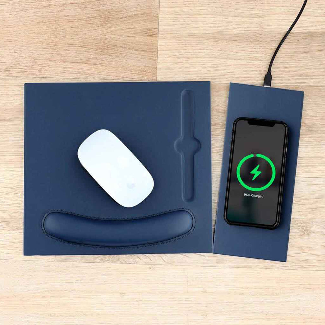 10W Wireless Charger PU Mouse Pad Navy Blue