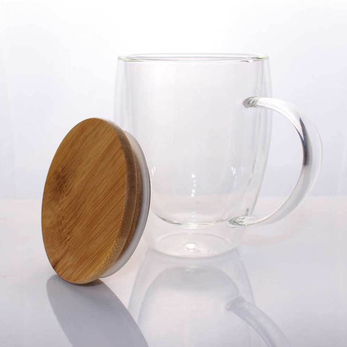 Double Wall Clear Glass Mug with Bamboo Lid