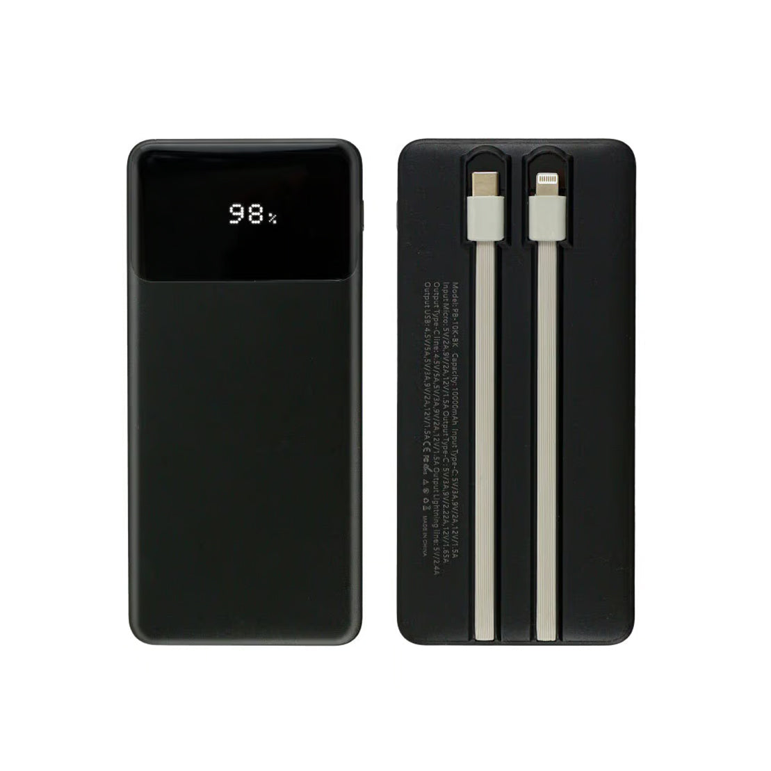 10000 mAh Powerbank with LED Screen and Built-in Cables