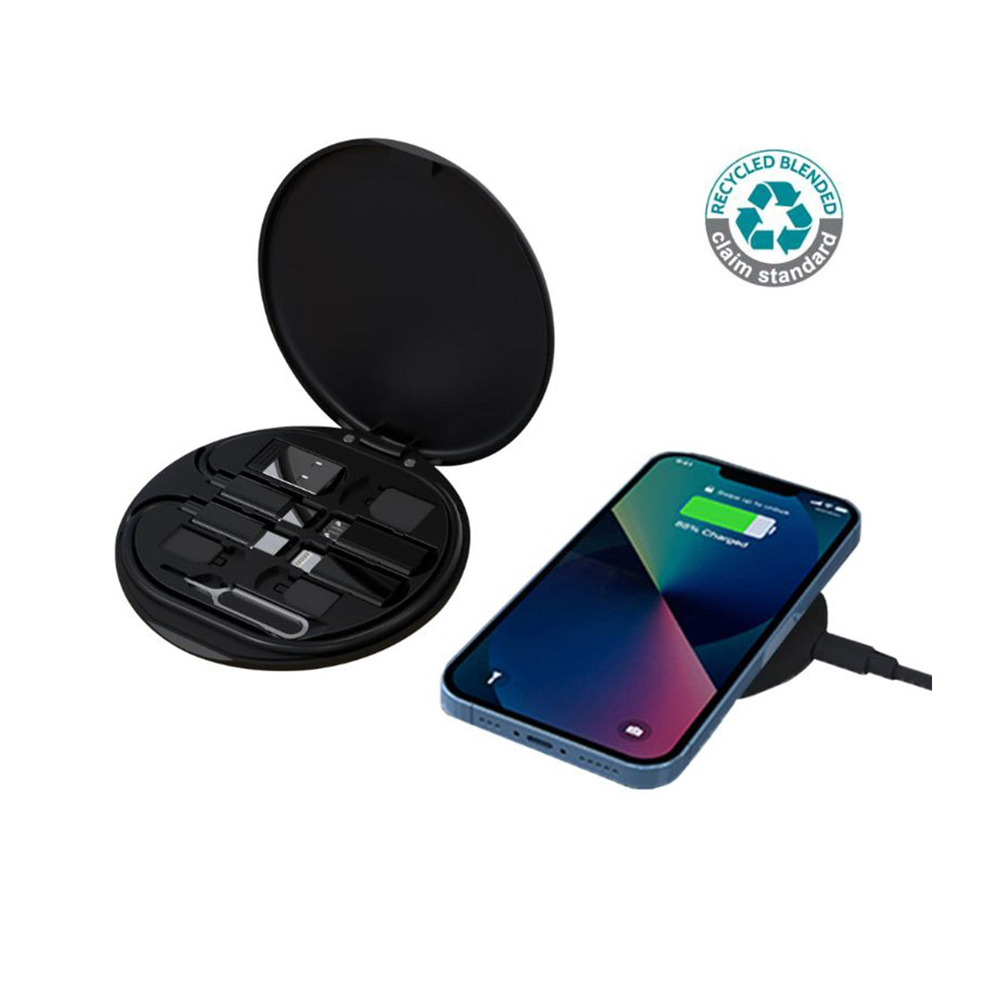 Recycled 15W wireless Charger Multi-Cable Set Black